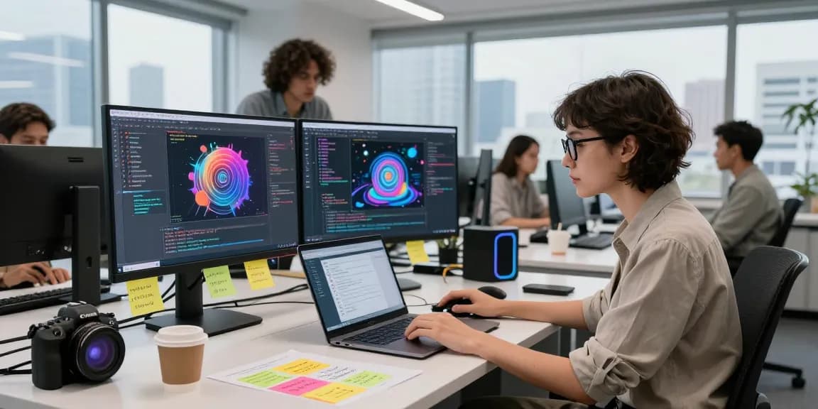 The workspace scene showing a diverse tech team designing NSFW AI applications, featuring coding monitors and vibrant images.
