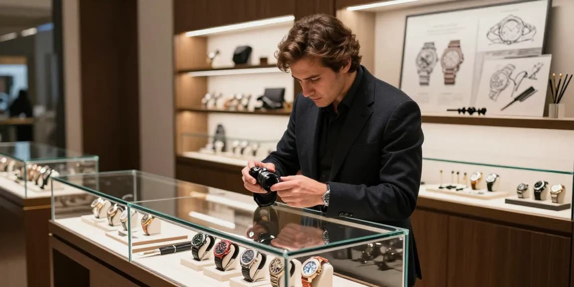 Stylish individual exploring a collection of super clone watches in a luxury boutique, showcasing high-end craftsmanship and elegance.