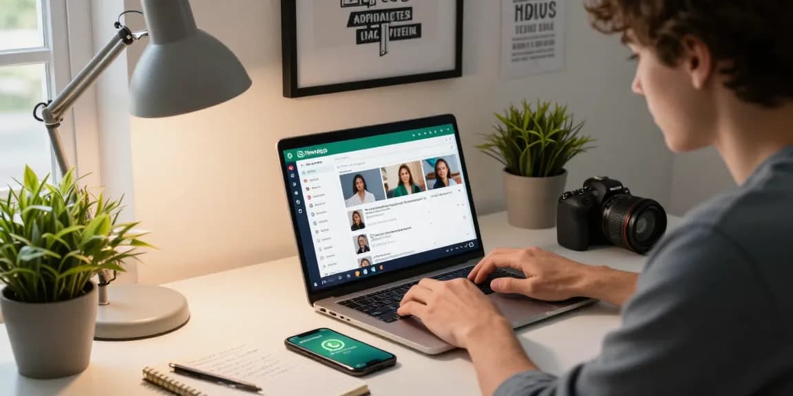 Remote worker using WhatsApp網頁版 on a laptop in a stylish home office setting.