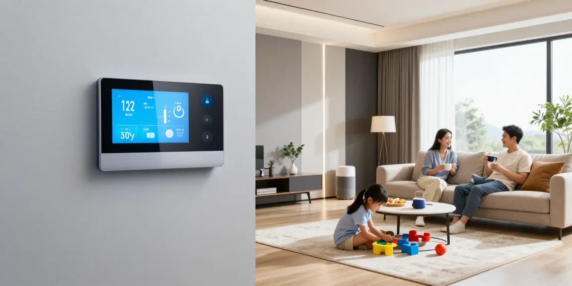 Family enjoying a modern living room with a smart thermostat, showcasing smart home integration.
