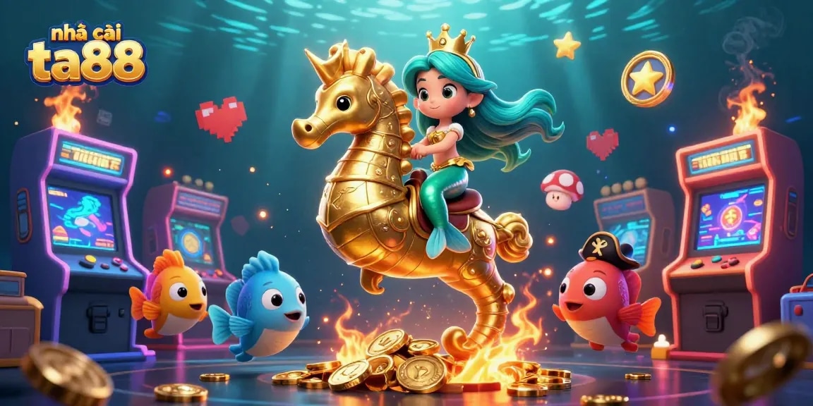 Experience casino thrills at nhà cái ta88 with vibrant 3D mermaid illustration and gaming elements.