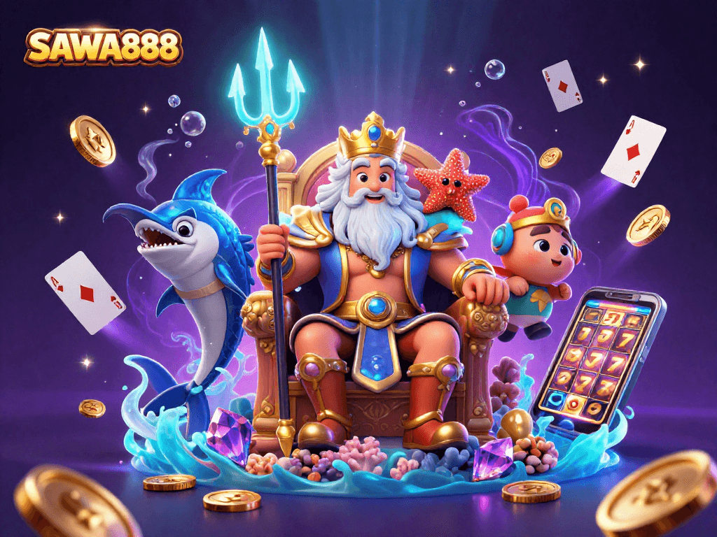 Experience excitement with SAWA888 as golden coins and sparkling gems surround a 3D sea king and samurai.