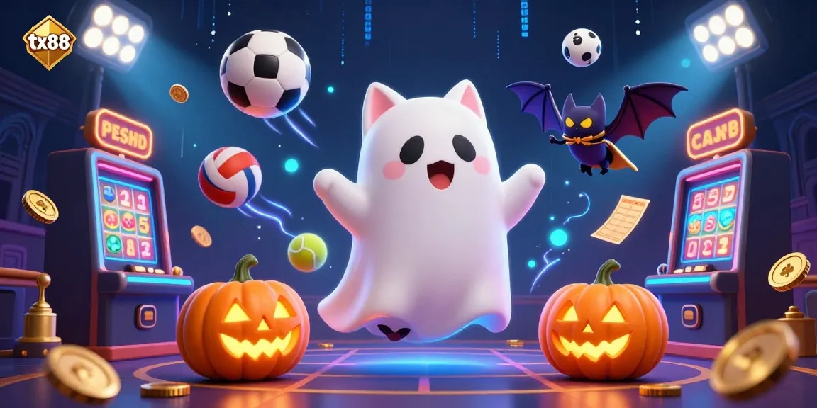 Engage with tx88's thrilling haunted casino scene featuring dynamic gaming elements and friendly characters.