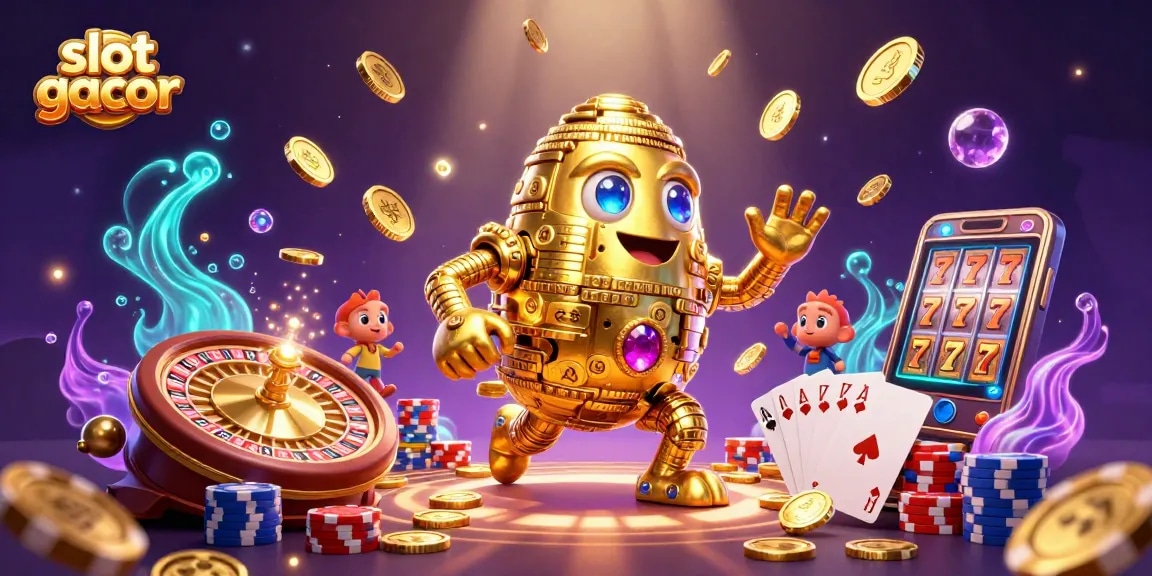 Spin to win with slot gacor featuring gold coins, colorful chips, and vibrant casino elements.