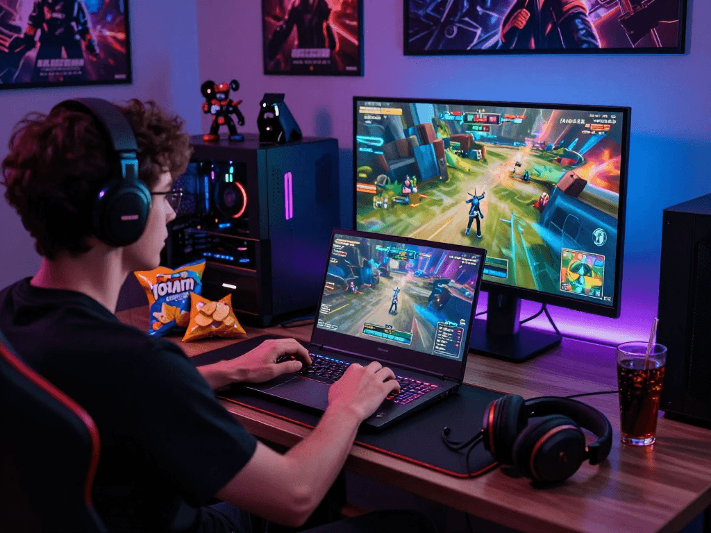 Engaged gamer playing an adult game on a laptop, vibrant LED lighting and snacks create a lively gaming atmosphere.