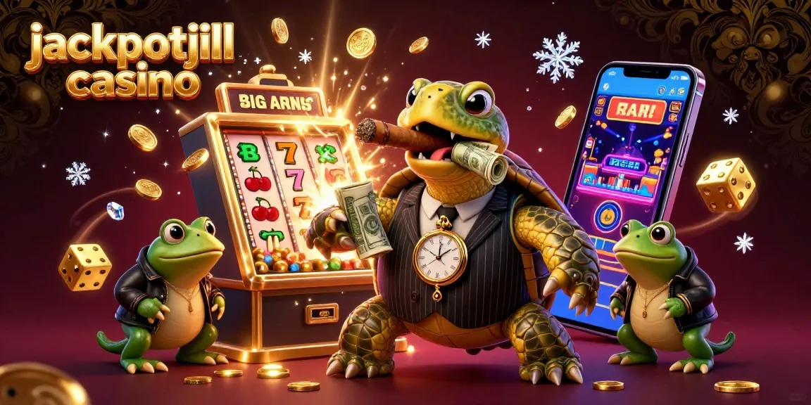 Experience the vibrant jackpotjill casino scene with a massive snapping turtle mobster amidst explosive jackpots and dynamic casino elements.