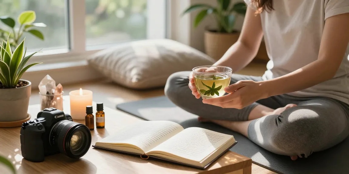 Relaxing home wellness scene with Happy Go Leafy kratom tea promoting calmness.