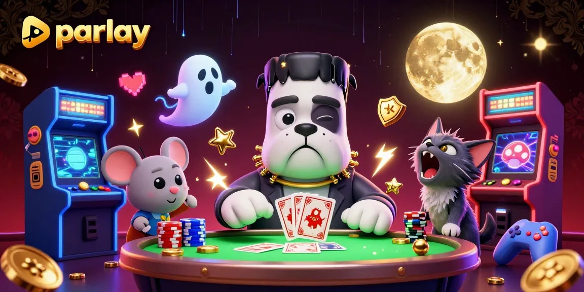 Engage in exciting parlay betting with a vibrant 3D illustration of a monster dealer and gaming elements.
