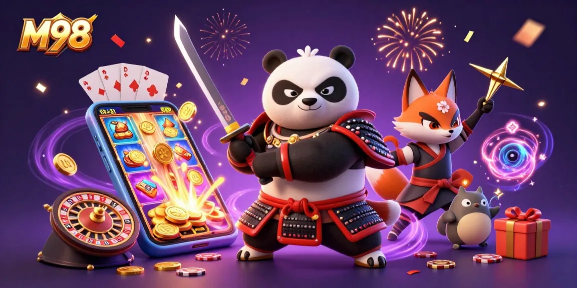 M98 slots unleash fun with a samurai panda and ninja fox in dynamic 3D casino scene.