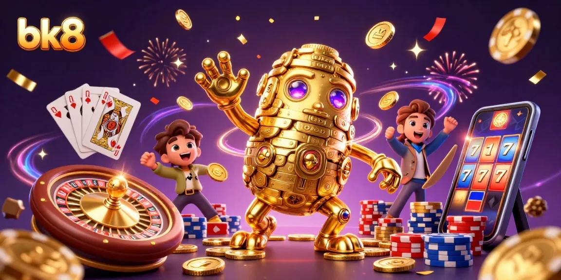 Engage with bk8's thrilling gaming experience featuring the golden golem surrounded by vibrant casino elements.