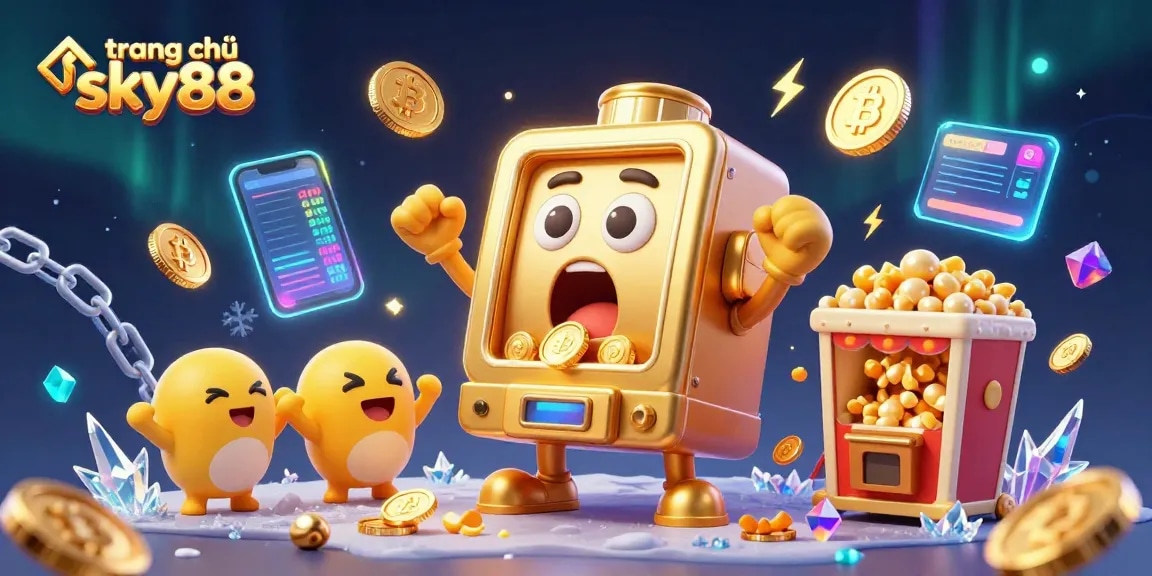Experience excitement at trang chủ sky88 with a golden slot machine celebrating its jackpot amid vibrant casino elements.