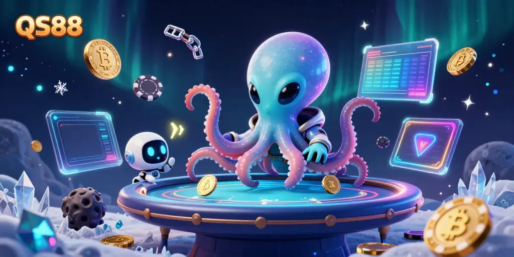 Experience the thrilling QS88 alien casino scene with animated octopus hosting a holographic poker table.
