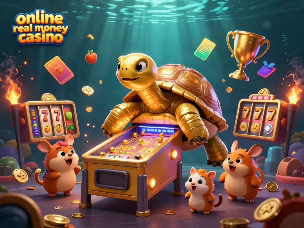 Engaging scene showcasing an online real money casino with animated tortoise and slot elements.