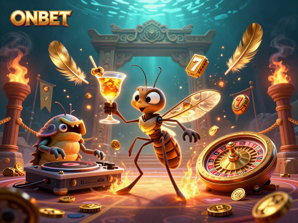 Experience ONBET's thrilling casino atmosphere with a vibrant 3D scene featuring animated casino elements and characters.