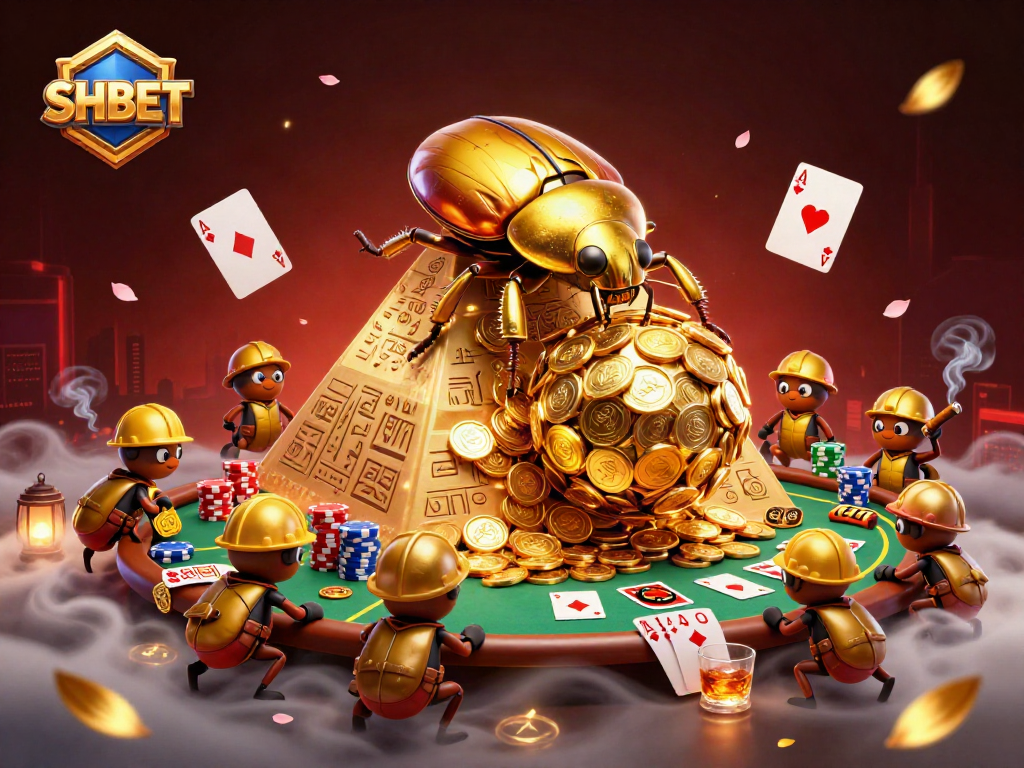 SHBET showcases a golden dung beetle rolling coins in a vibrant casino scene filled with poker elements.