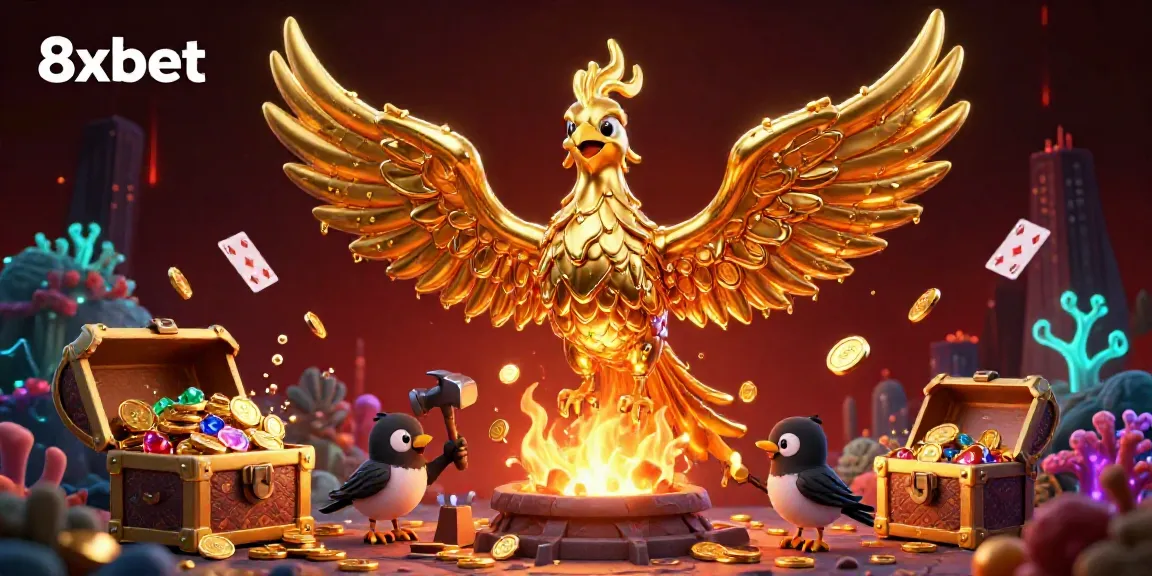 Experience the vibrant gaming world of 8xbet with a phoenix from molten gold, amidst treasure and casino elements.