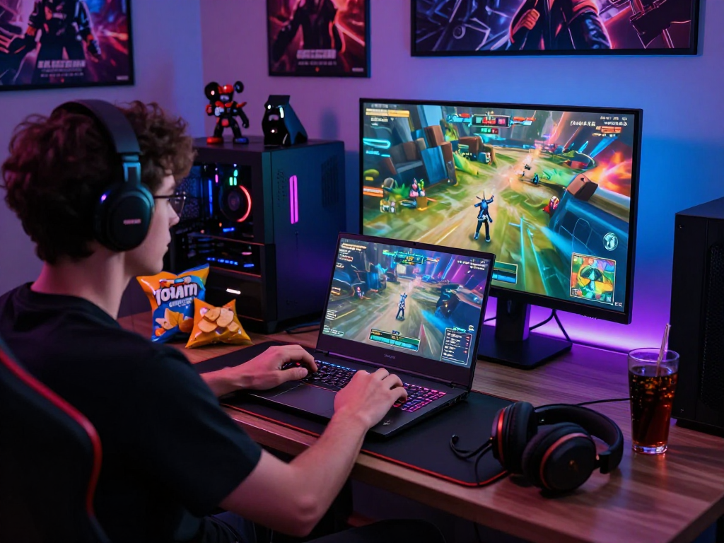 Engaged gamer playing an adult game on a laptop, vibrant LED lighting and snacks create a lively gaming atmosphere.