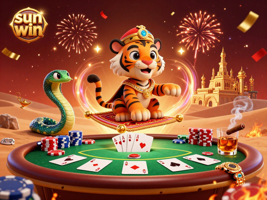 Enjoy thrilling poker moments with sun win as the tiger sultan spins casino magic on his carpet.