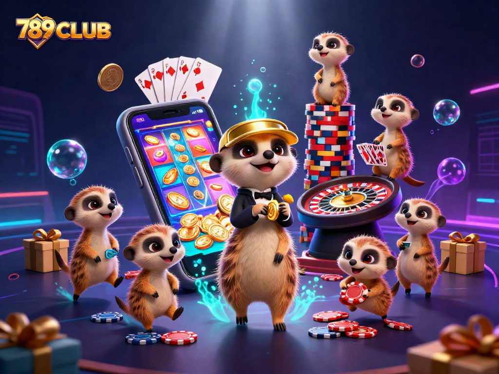 Experience thrilling gaming scenes at 789CLUB with exuberant meerkats managing a vibrant casino.
