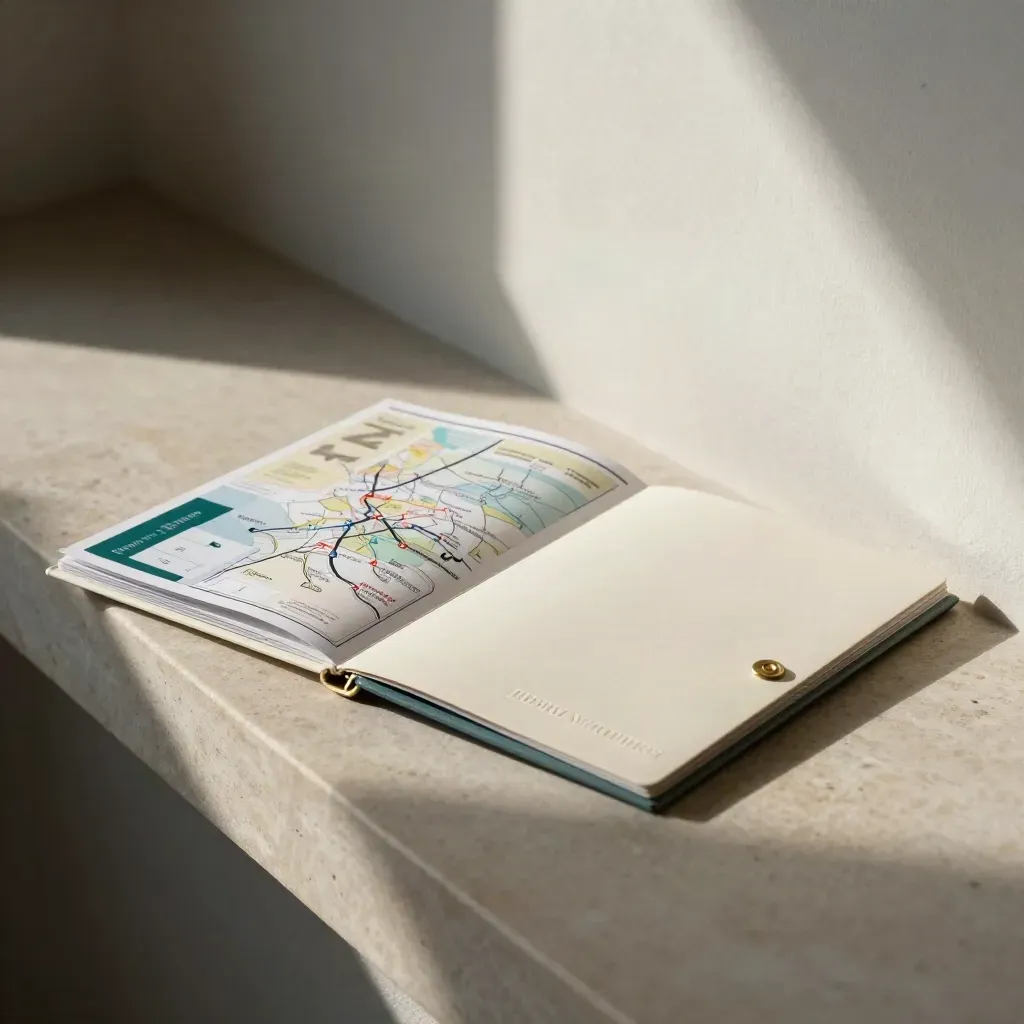 Open ivory folio with route map, partner cards and brass clip on limestone ledge