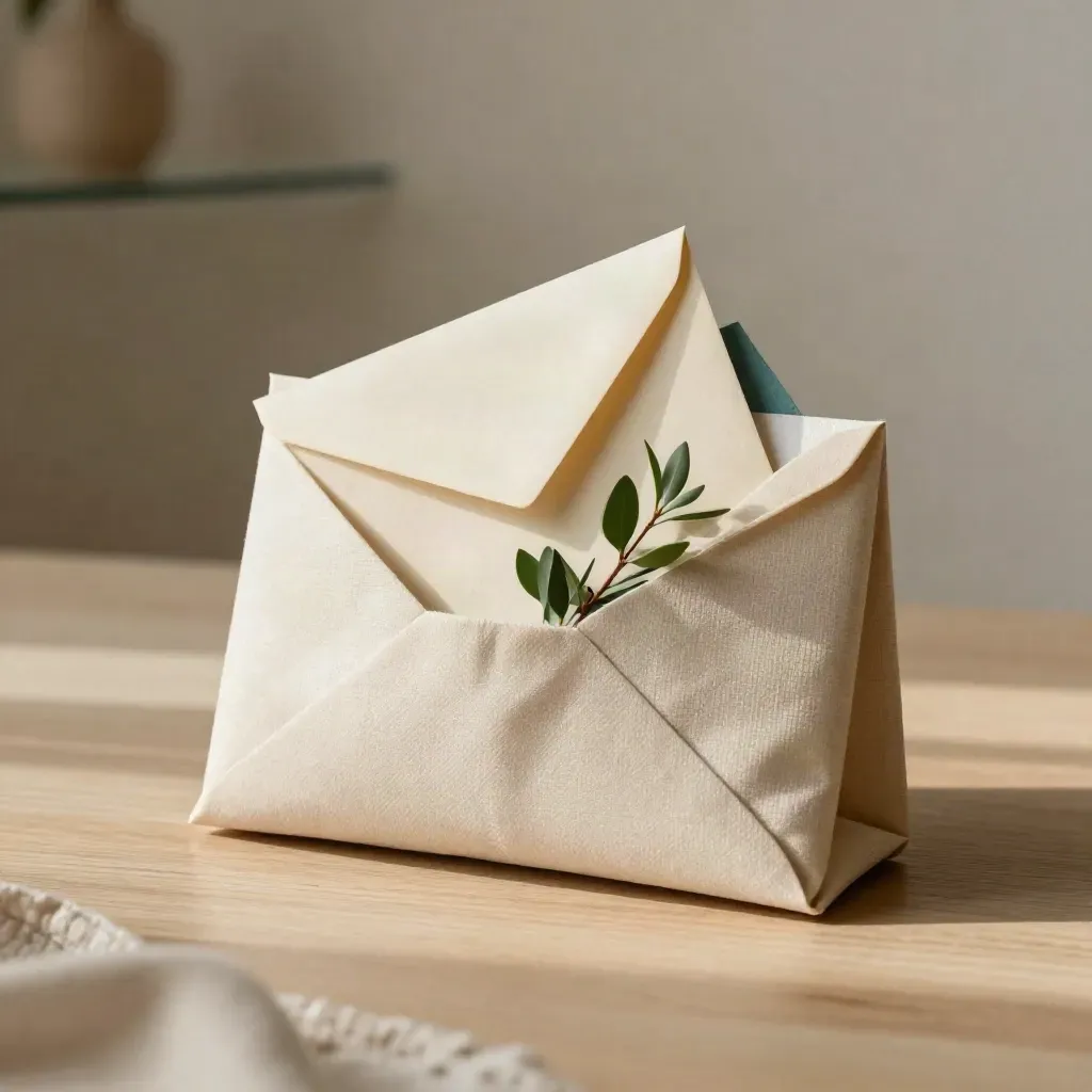 Ivory partner-sourcing pack with envelopes and greenery on pale oak in soft daylight