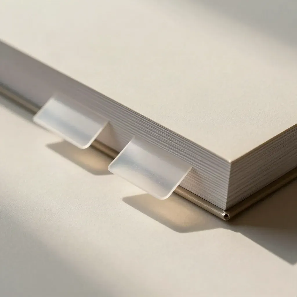 Macro ivory dossier with silver edge and translucent tabs on pale plaster