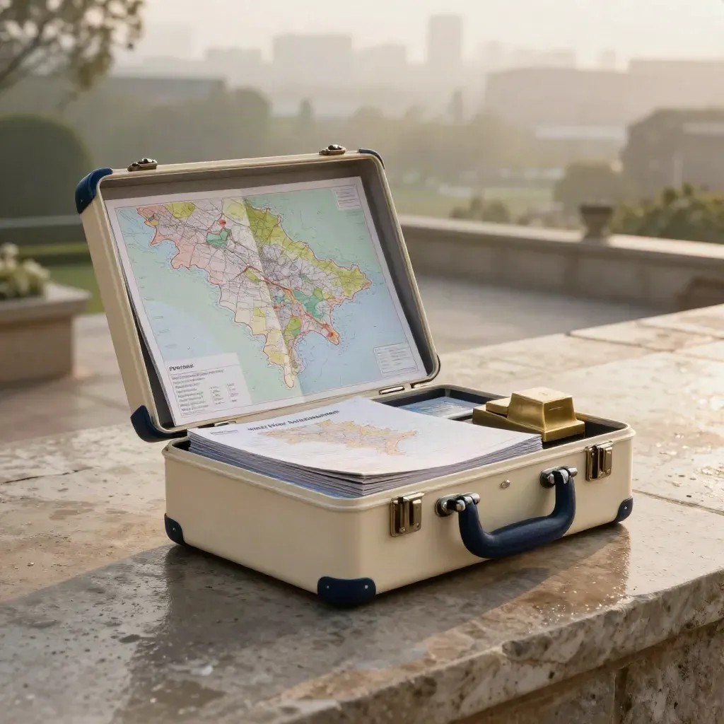 Open market-entry kit case with map folios and brass weight on rain-wet stone terrace.