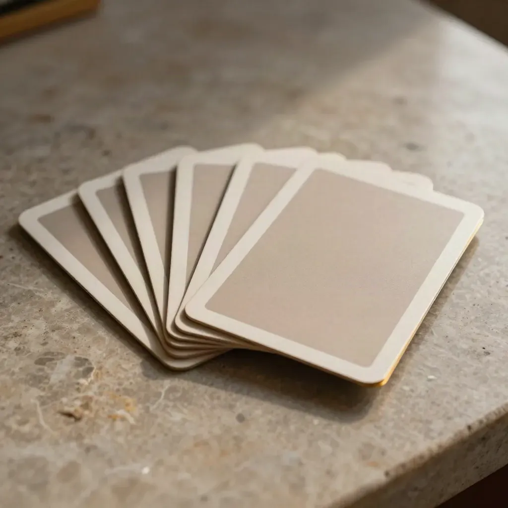 Staggered strategy cards and divider on stone, lit dramatically with gold accents.
