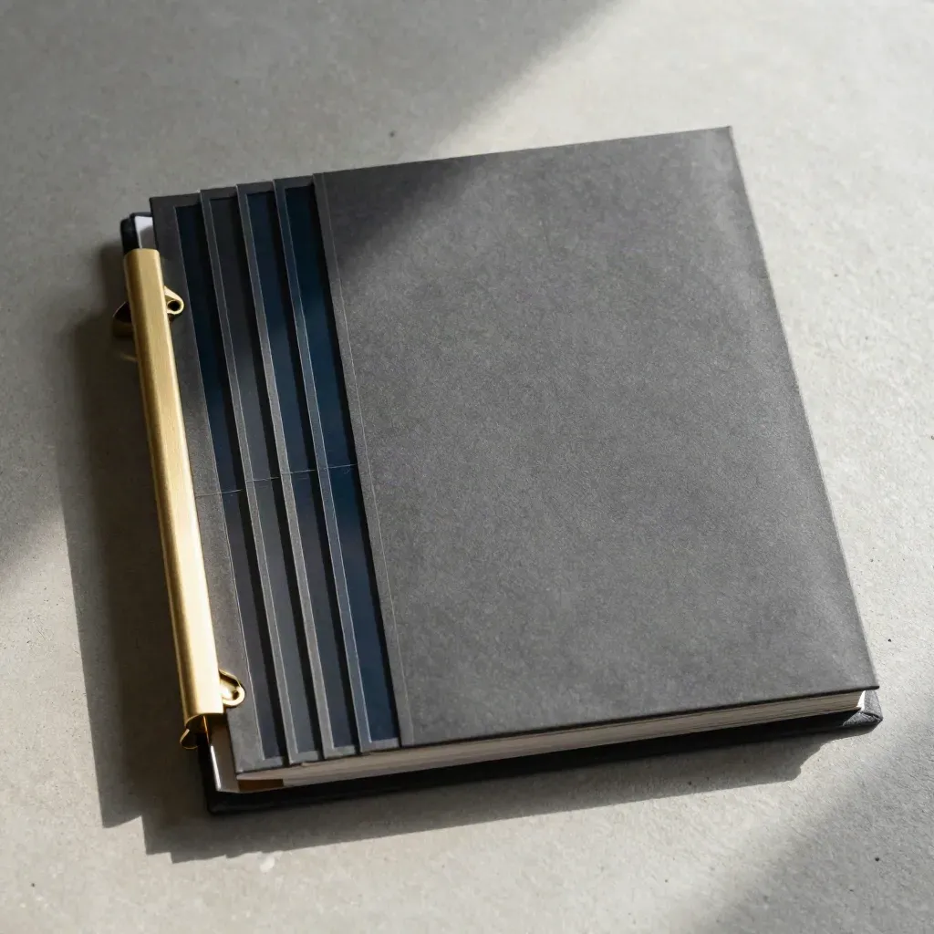 Graphite pricing binder with acetate dividers and brass clip on pale concrete