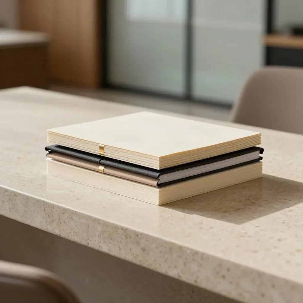 Executive briefing kit with cards, booklet and cloth divider on travertine in soft light