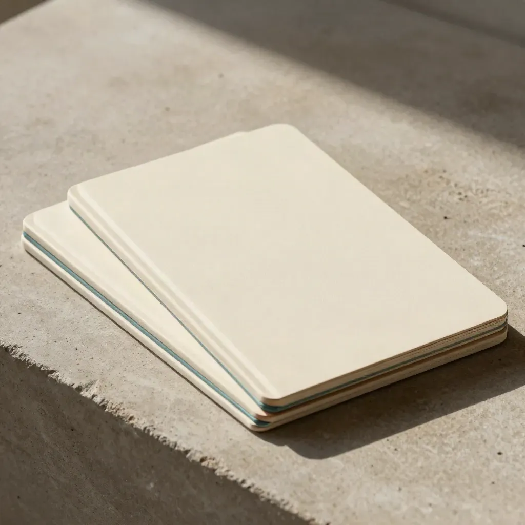 Cream strategy planning bundle with teal tabs on warm concrete, mid-open in soft side light.