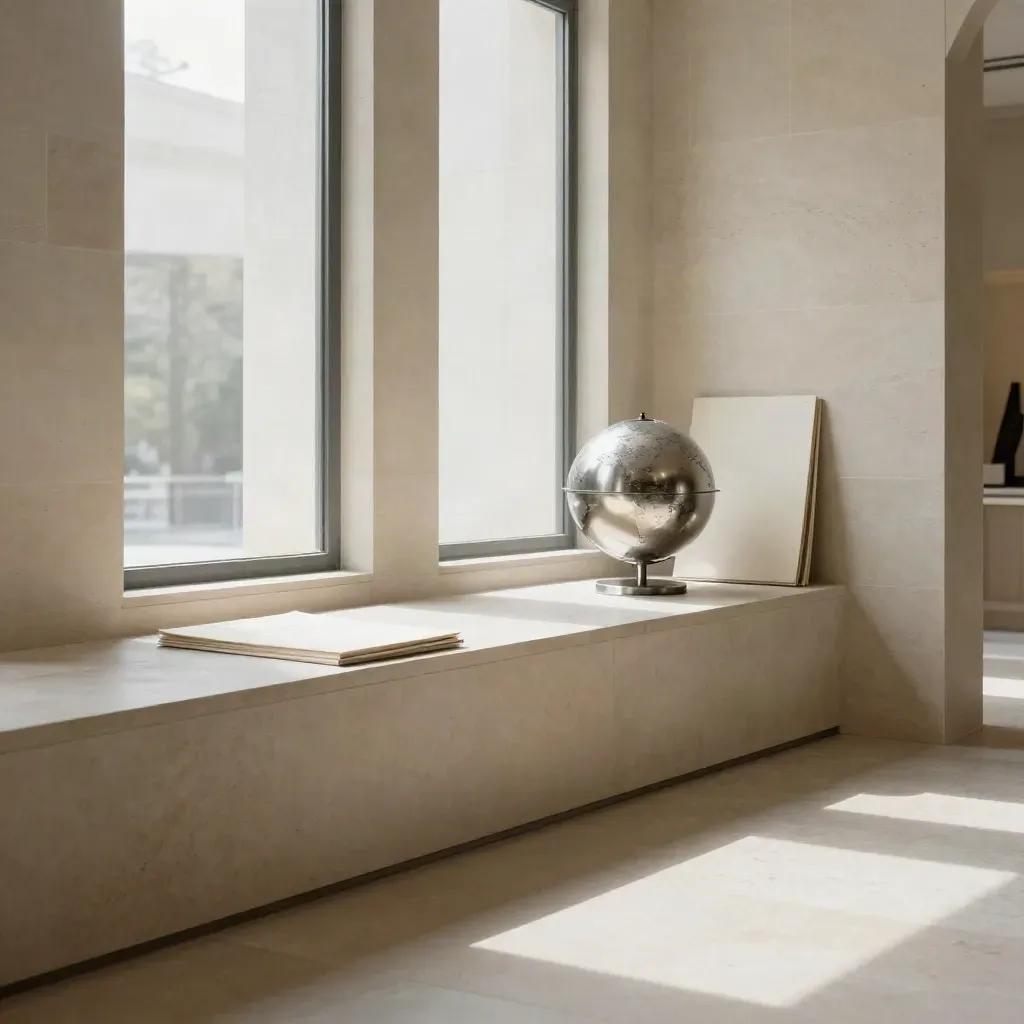Limestone corner with sunlit ledge, silver globe and sealed portfolios, calm copy space below.