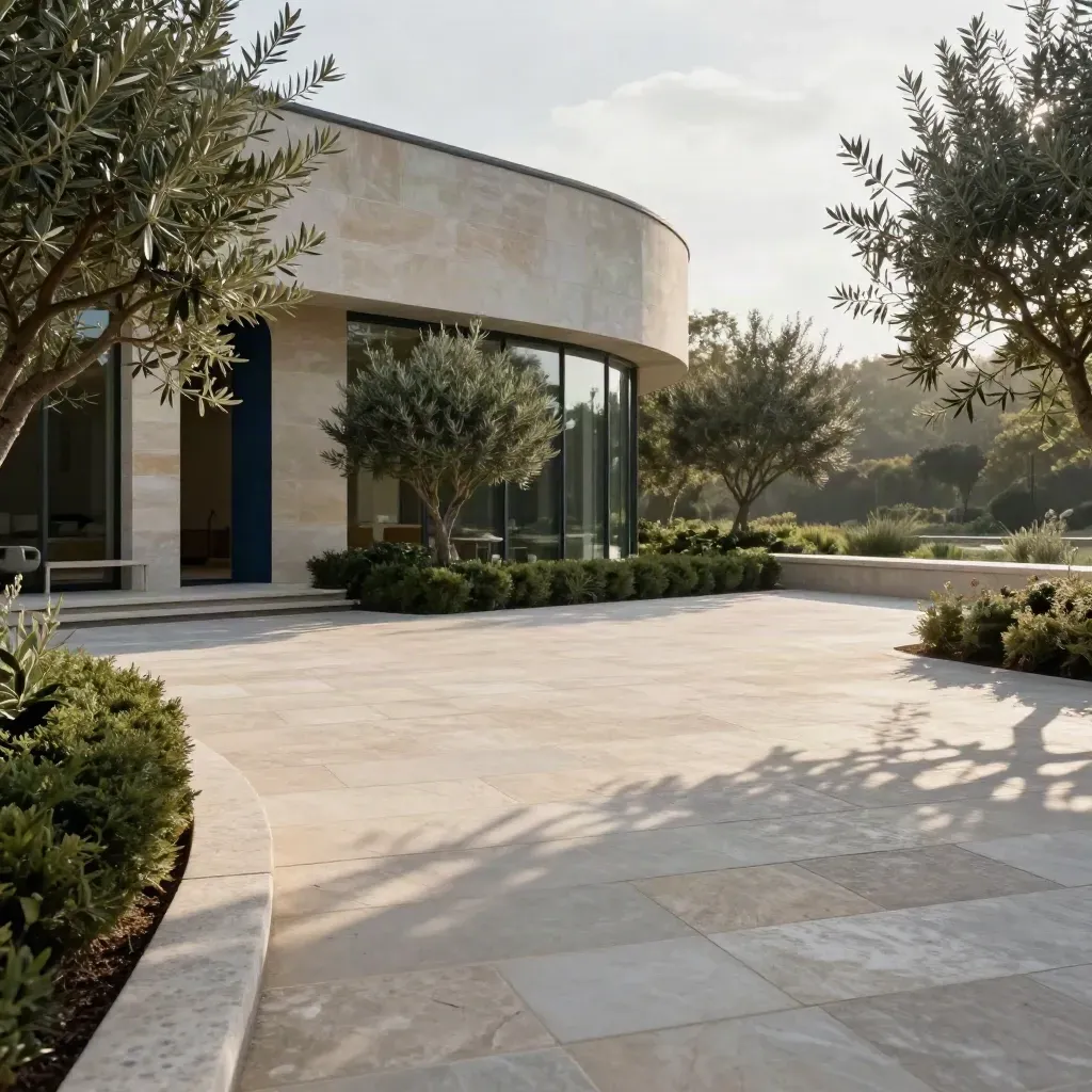 Stone terrace with curved façade, clipped hedges, and calm copy space.