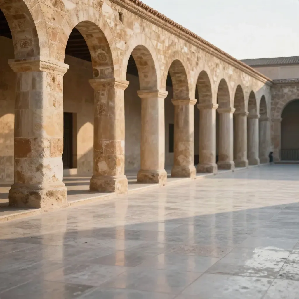 Sandstone colonnade and reflective paving in warm golden hour, distant rooflines above.