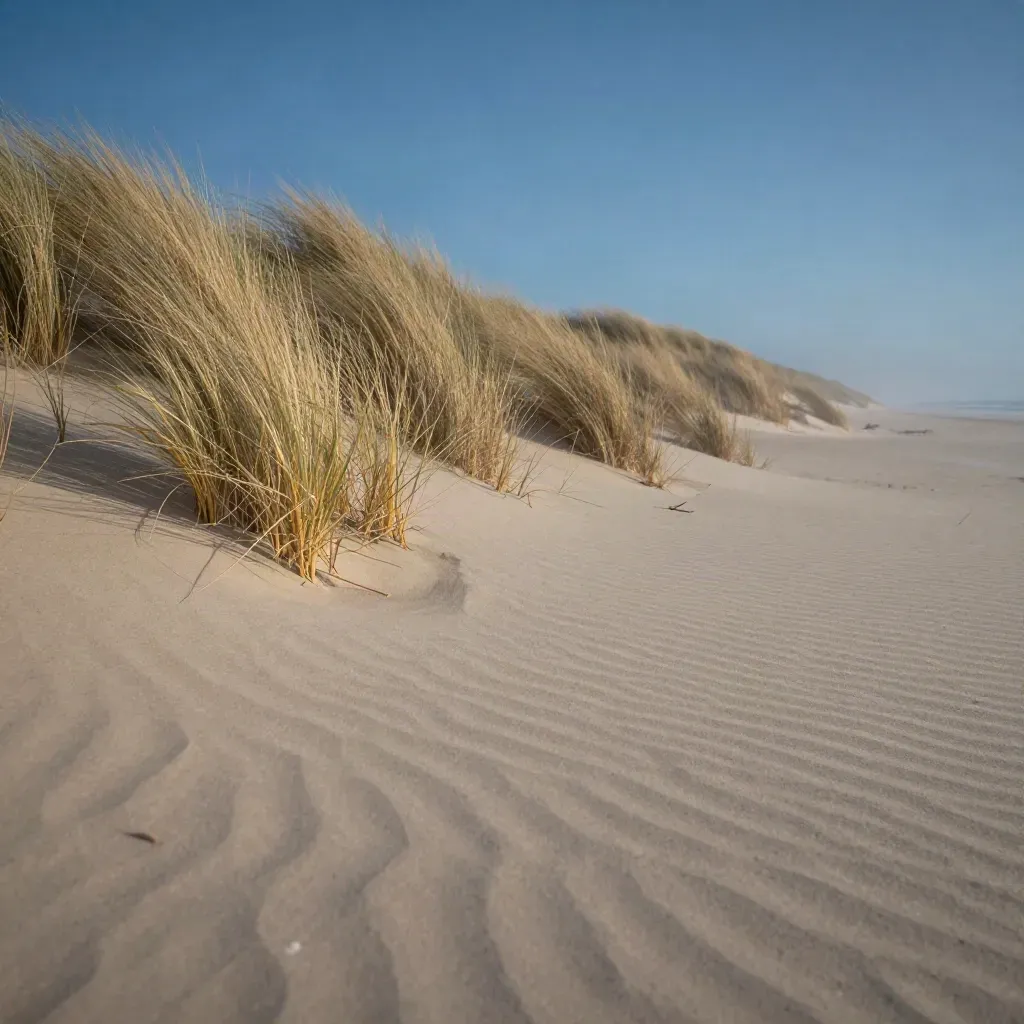 Windy coastal dunes with tall grass, sea mist and a steel-blue horizon.