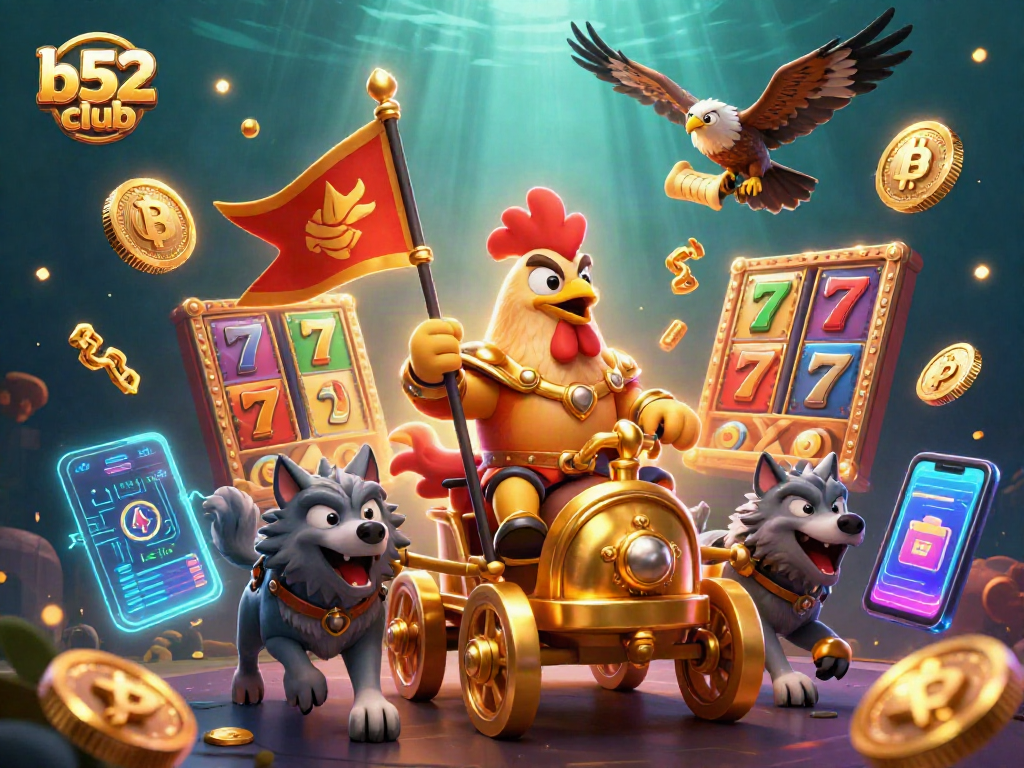 Experience thrilling casino action with b52 club's cartoon rooster warlord amidst exciting slot games.