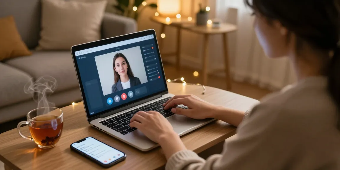 Engaging in an AI sex chat experience in a cozy home setting with warm ambient lights.