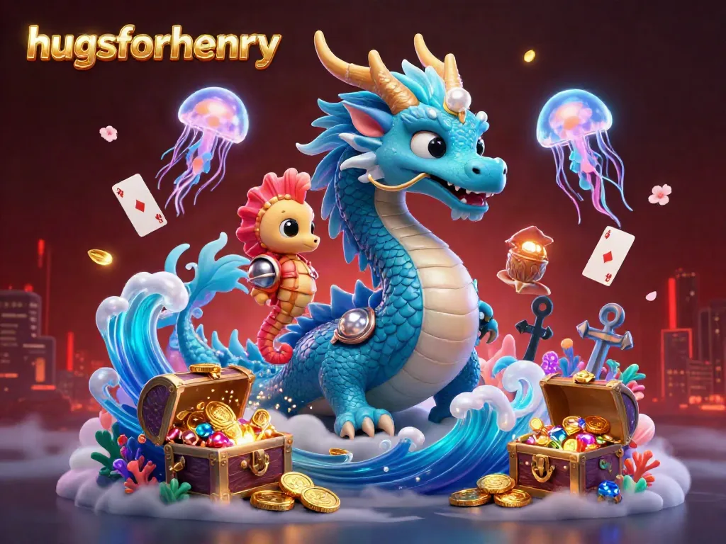 Experience the excitement of hugsforhenry with a vibrant 3D scene filled with dragons, treasures, and casino elements.