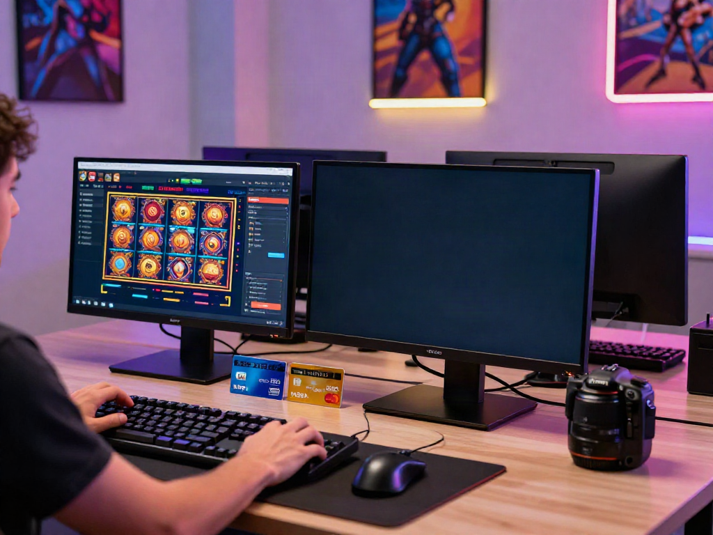 Person enjoying games at online casinos that accept credit cards with colorful slot displays and various credit cards on the desk.