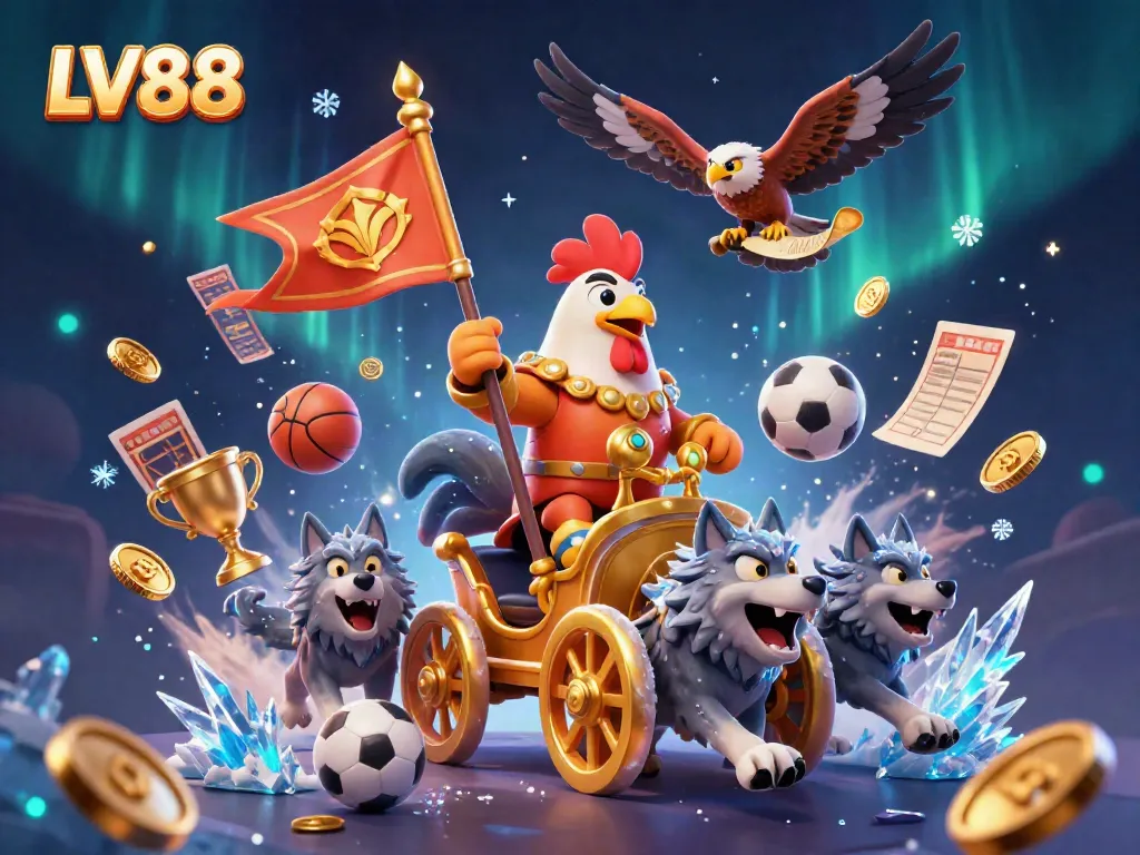 Witness the LV88 rooster warlord leading a vibrant gambling spectacle with golden trophies and sports balls.