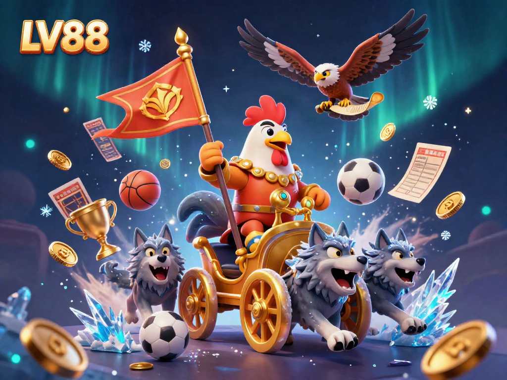 Witness the LV88 rooster warlord leading a vibrant gambling spectacle with golden trophies and sports balls.