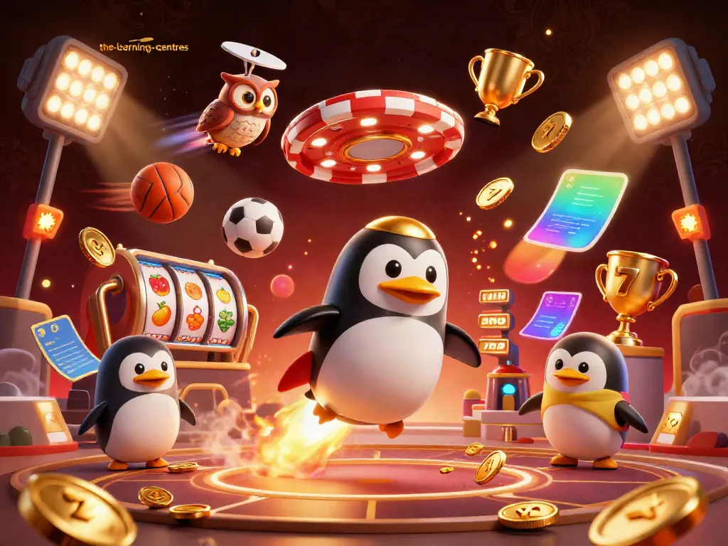 The-learning-centres features a golden penguin and casino elements in an immersive 3D scene.