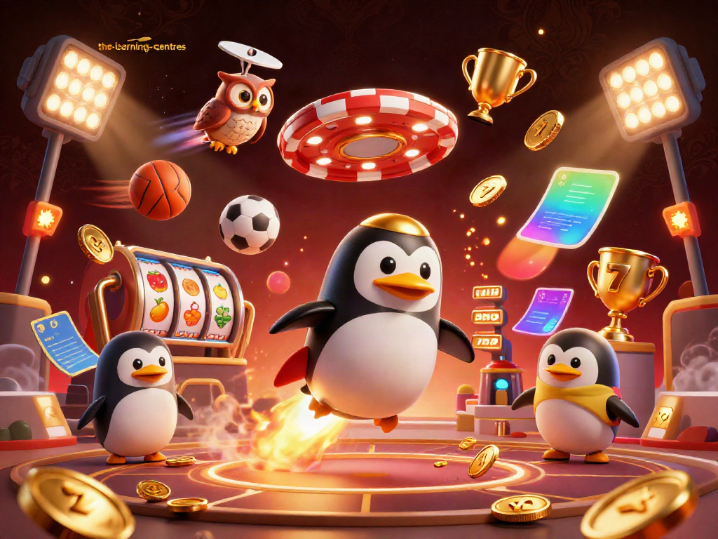 The-learning-centres features a golden penguin and casino elements in an immersive 3D scene.
