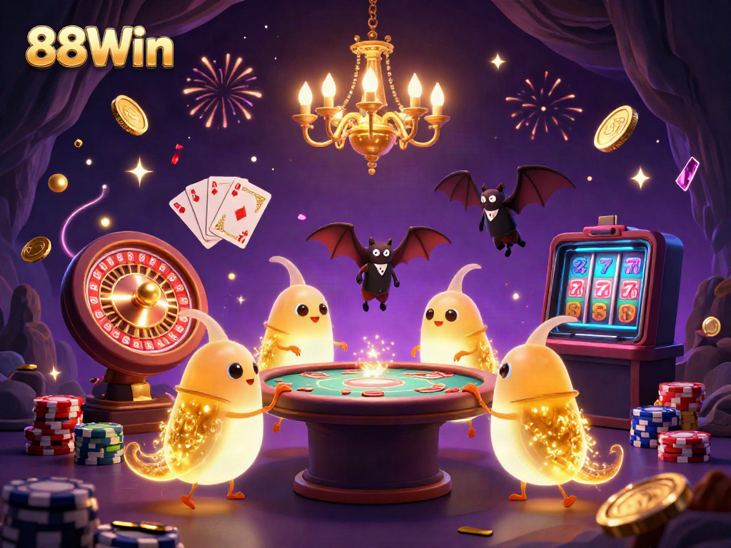 Engage with 88Win's 3D casino illustration showcasing a vibrant cave atmosphere and glowing elements.