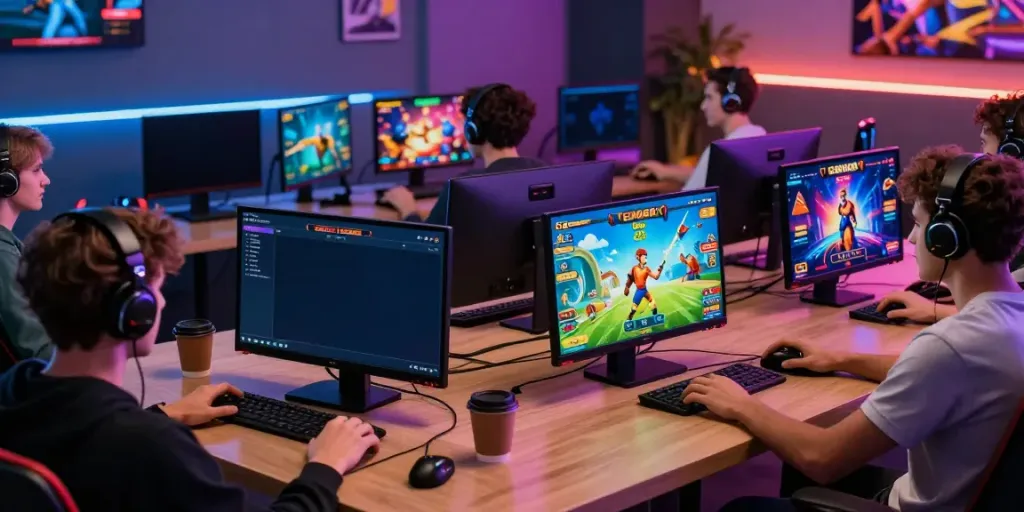 Dynamic gaming experience with users enjoying gem 88 games on multiple devices in a modern setting.
