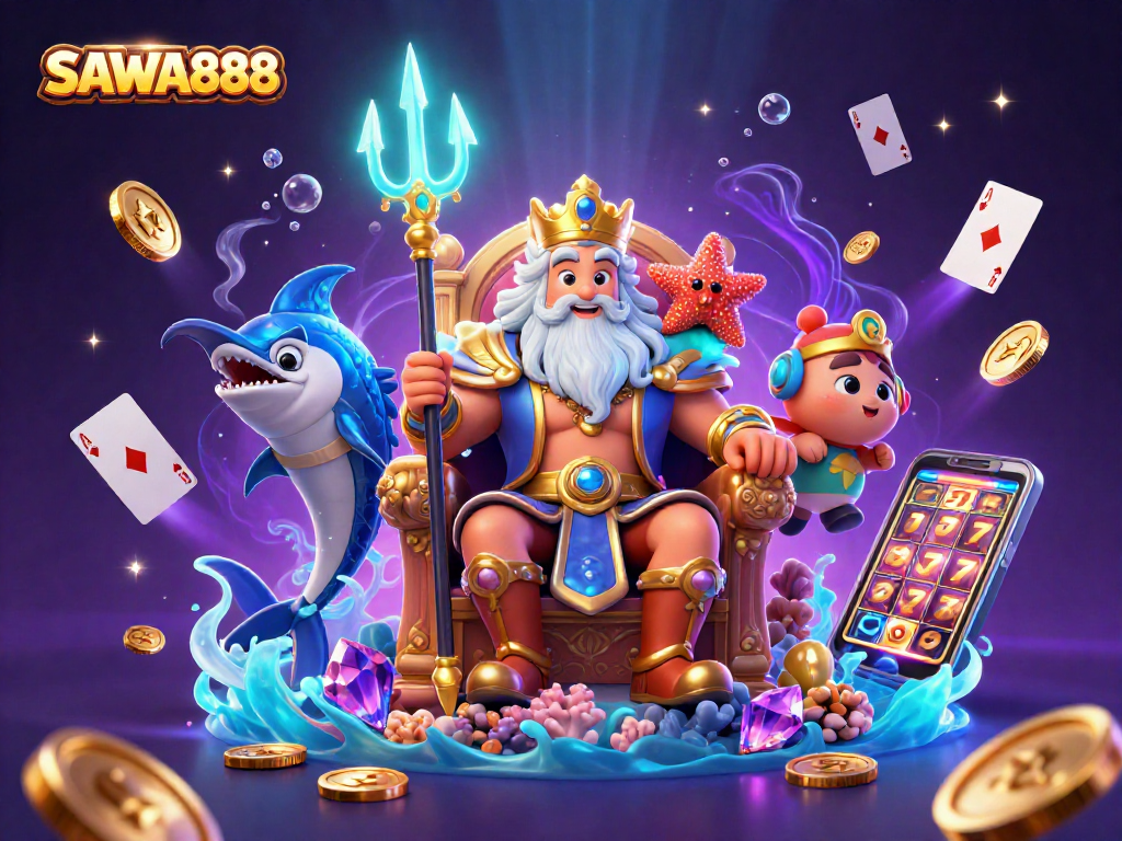 Experience excitement with SAWA888 as golden coins and sparkling gems surround a 3D sea king and samurai.