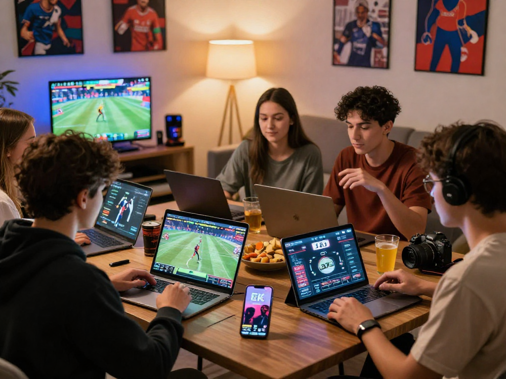 Young adults enjoying a dynamic online betting session with EK 333 app and live sports screens.