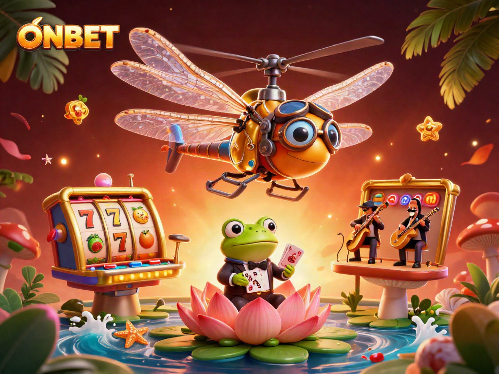 Engage with ONBET's vibrant casino scene featuring slot reels, a dragonfly pilot, and a frog croupier.