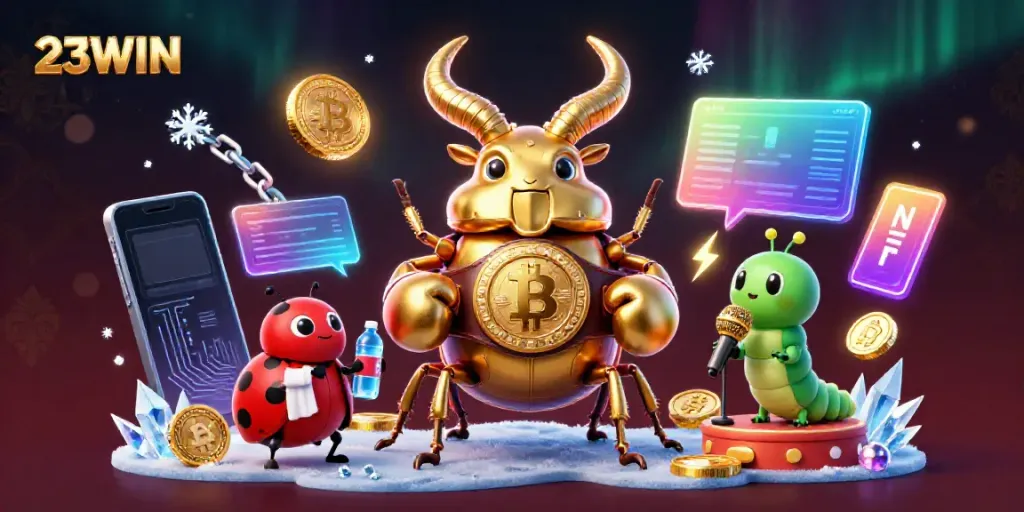 Engage with thrilling 23WIN gaming action featuring vibrant characters and crypto elements.