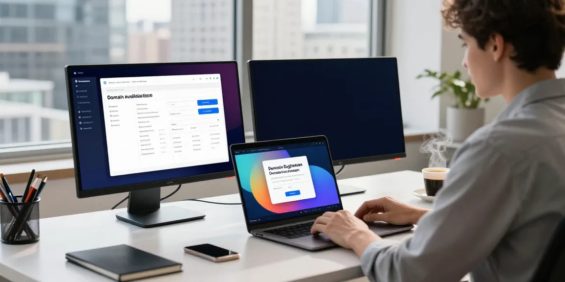 Register a cheap .co.uk domain at a modern workspace, featuring domain availability checkers and urban views.